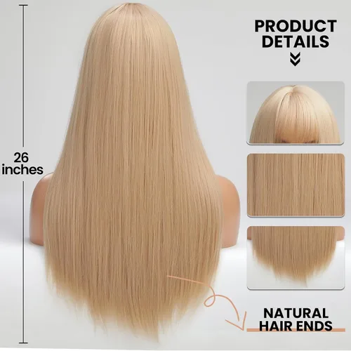 Miniatura 4 de EMMOR - Peluca rubia clara con flequillo para mujer, peluca larga y recta sintética para niñas, ideal para cosplay y uso diario
