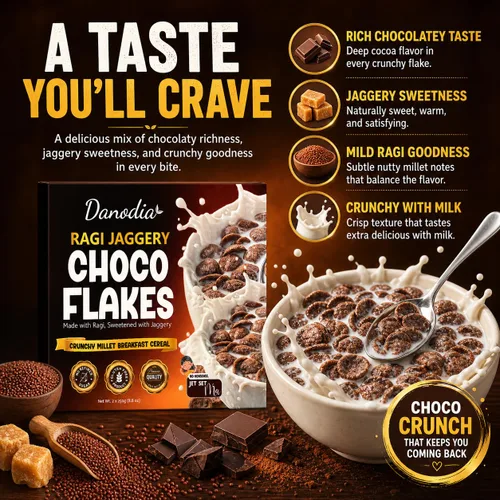 Miniatura 4 de Danodia Foods Ragi Jaggery Choco Flakes 250g/8.8 oz, Cereal de desayuno de mijo dedo con sabor a chocolate Jaggery inspirado en la India, cereal