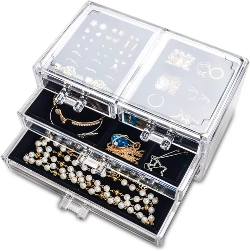 Frebeauty Joyero de acrílico con 4 cajones, organizador de joyas transparente, anillos de terciopelo, collares, aretes, pulseras, vitrina, bandeja