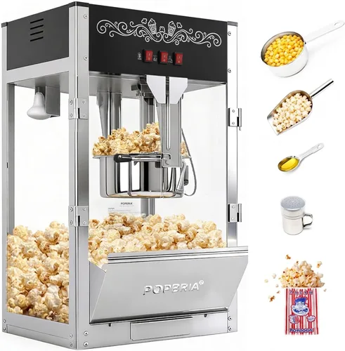 Miniatura 9 de Máquina comercial de palomitas de maíz con carrito, auténtica máquina de palomitas de maíz de 16 onzas con cubierta de vibración, máquina de Rojo