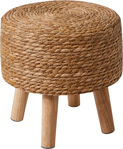 Miniatura 11 de YMYNY Taburete para pies, tejido de mano natural de algas marinas, 12.6 pulgadas, natural+azul HBD027Q Otomana pequeña, reposapiés redondo, patas