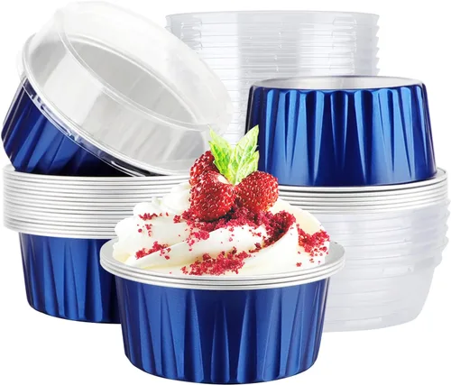 Miniatura 11 de EUSOAR Moldes de Papel de Aluminio para Hornear, 5oz 50 piezas Moldes Reutilizables para Cupcakes con Tapas, 3.34x2.59x2.35 pulgadas 125ml Moldes