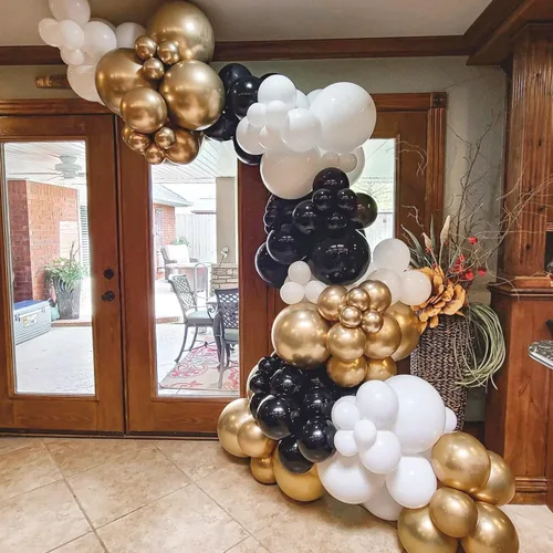 Miniatura 4 de Kit de arco de globos negros y dorados, ADOINBY 140 piezas de globos de látex confeti negros, blancos y dorados metálicos de 18, 12, 10 y 5