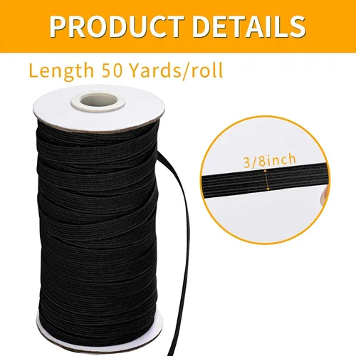 Miniatura 2 de XKDOUS Banda elástica para costura, 3/8 pulgadas, 50 yardas, bandas elásticas de punto negro, cordón elástico alto para coser cintura y pantalones
