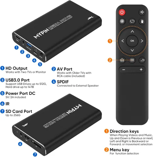 Miniatura 3 de 4K@30hz USB3.0 HDMI Media Player Soporte 2.5 "SATA HDD con HDMI/AV/salida óptica, reproductor MP4 H.265 portátil para videos/música/fotos desde