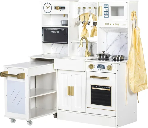 BRINJOY Cocina de juego para niños con carrito extraíble, juego de cocina de madera para niños pequeños con horno, estufa, fregadero, cafetera,