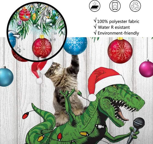 Miniatura 7 de Divertida cortina de ducha de Navidad, bonito dinosaurio en sombrero de Papá Noel cantando Feliz Navidad para niños, niños y niñas, decoración