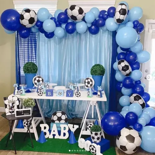 Miniatura 4 de Kit de arco de globos de fútbol con globos de papel de aluminio de fútbol 4D, globos de látex azul real, blanco, plateado metálico para baby shower