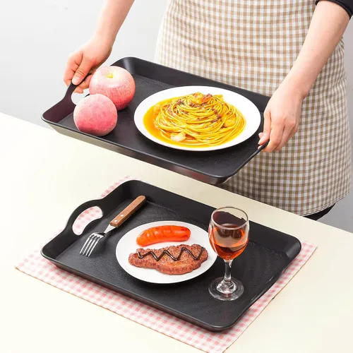 Miniatura 6 de 6 bandejas para servir con asas para comer, bandeja de plástico multiusos de 16 x 11 pulgadas, bandeja rectangular antideslizante decorativa