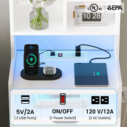 Miniatura 4 de ADORNEVE Juego de 2 mesitas de noche altas, mesita de noche LED con estación de carga, mesita de noche con estantería y cajones, mesas auxiliares