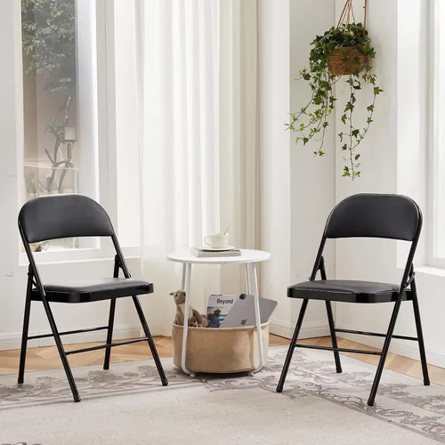 Miniatura 2 de DUMOS Paquete de 2 sillas plegables acolchadas de cuero, asiento comercial apilable portátil para interiores y exteriores con marco de acero, Negro
