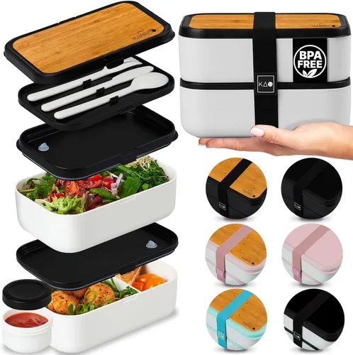 KARRICO Caja Bento Doble Premium para Adultos, 67 onzas líquidas sin BPA - Lonchera Apilable Color Crema con Tapas y Divisores a Prueba de Fugas,