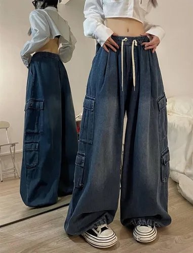 Miniatura 5 de Pantalones de mezclilla holgados Grunge Y2K Emo Alt Cargo Pant Fairycore Demin Aesthetic Jogger Pantalones de chándal Hiphop Cordón Streetwear