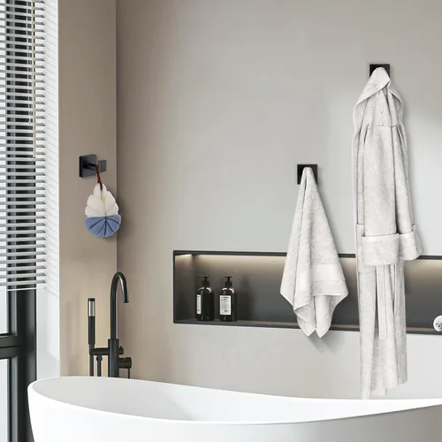 Miniatura 5 de Ganchos de toalla negros mate para baños, gancho moderno de acero inoxidable resistente montado en la pared, paquete de 4, ideal para colgar Negro