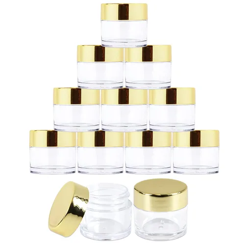 Beauticom - Tarros redondos de acrílico transparente de pared gruesa a prueba de fugas con tapas doradas para belleza, crema, cosméticos, ungüentos,