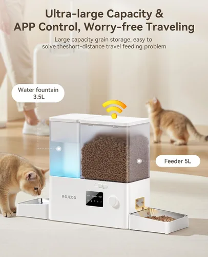 Miniatura 5 de Rojeco Comedero automático para gatos de 36 tazas/8.5L con WiFi y dispensador de agua por gravedad, tazones de acero inoxidable 2 en 1 de gran Blanco