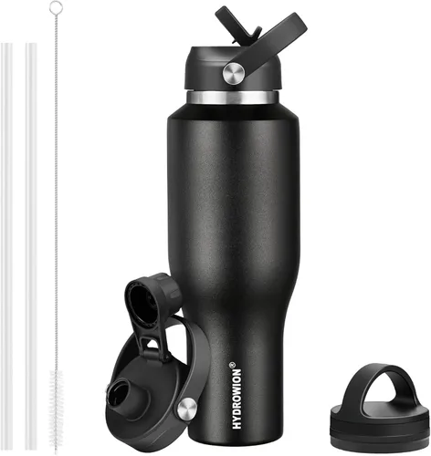 Miniatura 11 de HYDROWION Botella de agua de acero inoxidable, 32 onzas, boca ancha, doble pared, aislada al vacío, con tapa de pajilla, tapa de boquilla y tapa