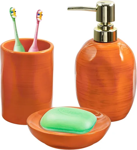 Juego de accesorios de baño naranja quemado, 3 piezas de cerámica completa, soportes para cepillos de dientes, dispensador de jabón, jabonera,