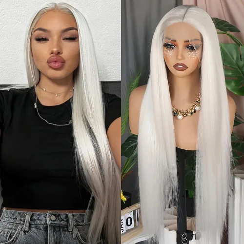 Miniatura 10 de Aubree Peluca de encaje frontal rubio 613, cabello largo y lacio, resistente al calor, fibra rubia, pelucas sintéticas sin pegamento, predepiladas