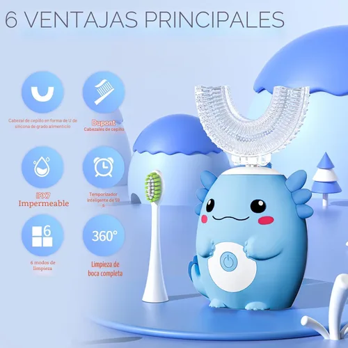 Miniatura 4 de Axolotl Cepillo de dientes eléctrico en forma de U para niños, cepillo de dientes automático Sonic de dibujos animados con 6 cabezales de cepillo