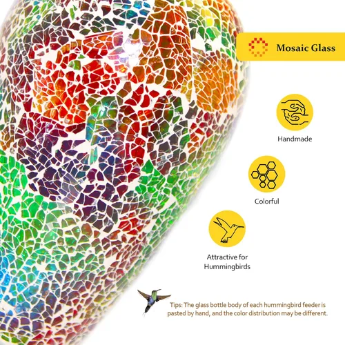 Miniatura 4 de Comedero solar LED para colibríes para exteriores, mosaico de vidrio multicolor, botella de néctar de colibrí colgante con 4 estaciones