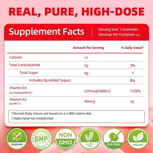Miniatura 2 de Gomitas de suplemento de vitamina D3 K2 para adultos, vitamina D3 9000 UI + K2(MK-7) 90 mcg para apoyo óseo y cardíaco, vegano masticable K2 D3