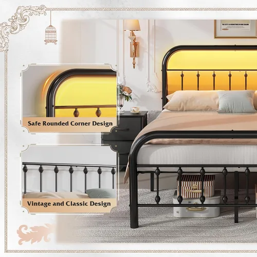 Miniatura 4 de WLIVE Marco de cama de plataforma de metal, marco de cama de tamaño matrimonial con cabecero, marcos de cama con luces LED y estación de carga, base