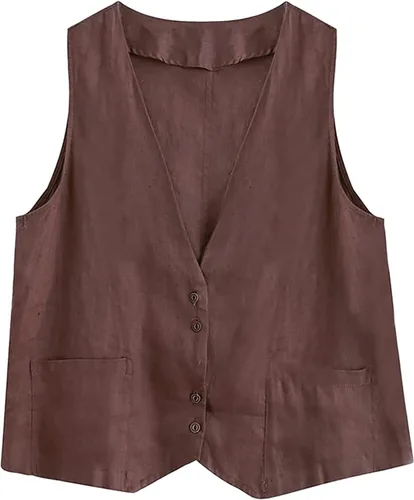 Miniatura 23 de COTECRAM Chaleco de lino de algodón para mujer, casual, sin mangas, con botones, ligero, para verano, holgado, ropa de abrigo
