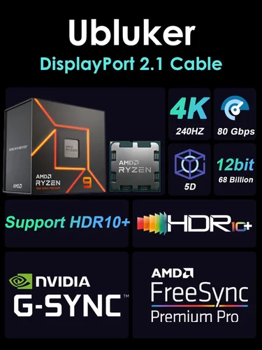 Miniatura 6 de Ubluker Cable DisplayPort 2.1 de 80 Gbps de 3.3 pies, cable DP a DP certificado 4K 540Hz 360Hz 240Hz 165Hz 120Hz 16K 8K 240Hz Ultra alta tasa