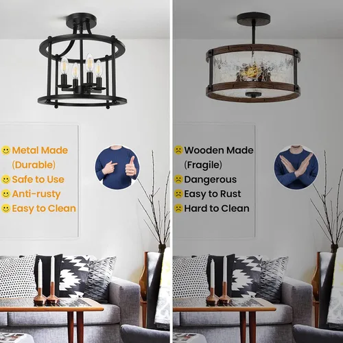 Miniatura 3 de Lámpara de techo semiempotrada de granja, lámpara de techo industrial de 4 luces con base E12 de metal rústico vintage para cocina, comedor
