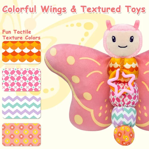 Miniatura 3 de Juguetes para bebés de 0 a 6 meses, animal de peluche sensorial musical infantil con chirriador, sonajero, alas arrugadas, mordedor y anillo