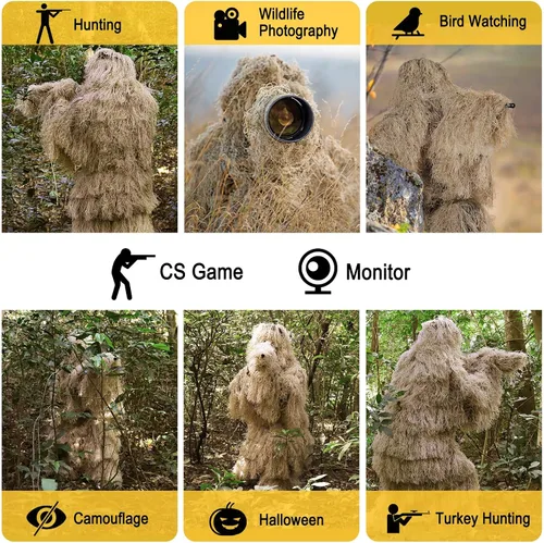 Miniatura 4 de Kalkal Traje Ghillie, Ropa de Camuflaje para Caza para Hombres, Doble Costura, Traje Gilly para Adultos para Caza en la Selva y Halloween