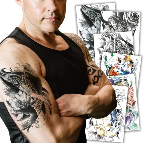 Miniatura 9 de Kotbs 6 hojas de tatuajes temporales de animales en 3D para mujeres y hombres, tatuajes realistas impermeables falsos con patrón de lobo y león