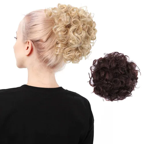 Miniatura 17 de Moño de cabello rizado desordenado, pieza de cabello sintético resistente al calor, extensiones de moño de cabello despeinado con cordón Updos Negro