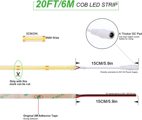 Miniatura 2 de JOYLIT Waterprof - Tira de luces LED rojas COB de 24 V, 20 pies, 19.7 ft, 320 LEDs/M, cinta flexible uniforme para armarios, estantes, mostradores
