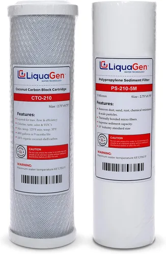 LiquaGen Juego de 1 filtro de agua de repuesto de carbono y 1 sedimento de 10 x 2.5 pulgadas, cartuchos de 5 micras y 10 pulgadas, compatible con la