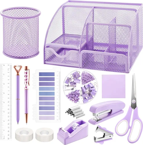 Miniatura 8 de Fayoo Juego de 11 piezas de suministros de oficina rosa, kit de accesorios organizador de escritorio de malla que incluye grapadora, dispensador