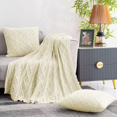 Miniatura 3 de Homiest Juego de 3 mantas y almohadas de punto trenzado, color blanco crema, manta de punto (50 x 60 pulgadas) y 2 fundas de almohada