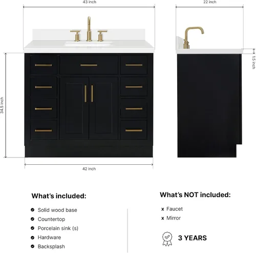 Miniatura 2 de DKB Isabella - Mueble de baño negro de 42 pulgadas con fregadero, lavabo rectangular, encimera de cuarzo blanco puro y protector contra salpicaduras