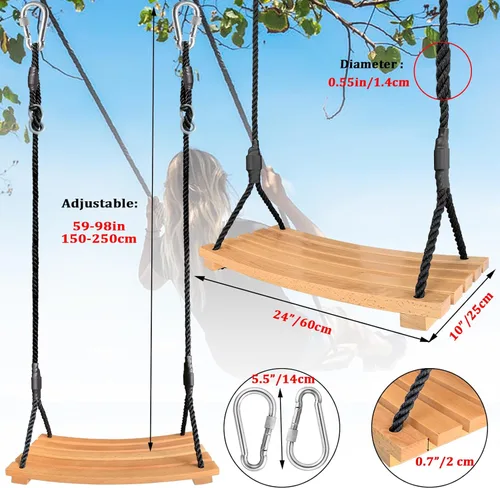 Miniatura 6 de Asiento de columpio de madera, columpio colgante de árbol para adultos y niños, juego de columpios de madera para exteriores, accesorios con cuerda