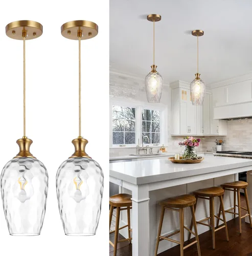 Paquete de 2 luces colgantes de vidrio para isla de cocina, luz colgante dorada vintage, luz colgante de vidrio soplado a mano martillado Oro