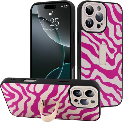 Miniatura 121 de Funda diseñada para iPhone 17 Pro Max con soporte plegable y correa para dedos, bonito patrón de lazo de corazón de flor rosa para mujeres y niñas
