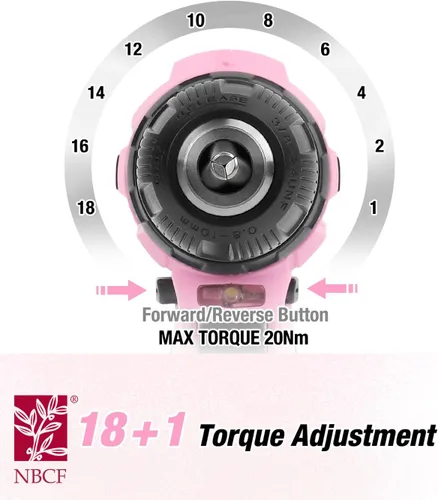 Miniatura 6 de WORKPRO Juego de Taladro Atornillador Inalámbrico Rosa, Kit de Herramientas de Atornillador Eléctrico de 12V, Portabrocas sin Llave de 3/8
