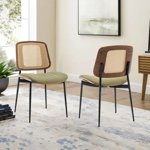 Miniatura 25 de LUNLING Sillas de comedor modernas de mediados de siglo, silla retro beige de piel sintética con asiento tapizado de madera curvada de nogal, patas