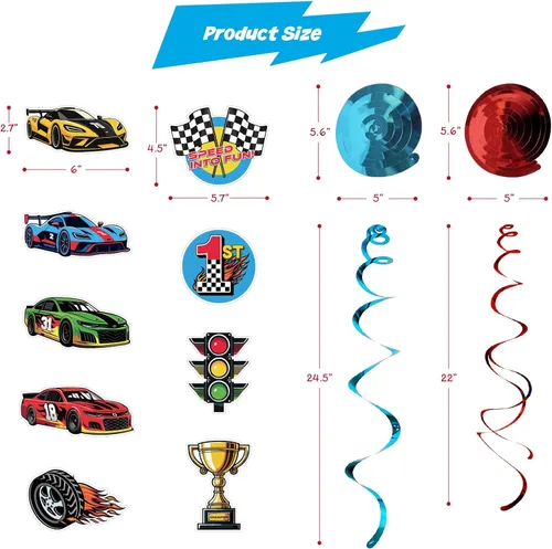 Miniatura 4 de HonuGoGo Kit de decoración de fiesta de cumpleaños de coche de carreras, 26 espirales colgantes con temática de carreras, carteles y recortes