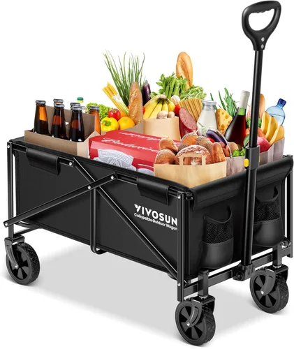 VIVOSUN Carro Plegable, Utilidad Exterior con Ruedas Todo Terreno, Mango Ajustable, Portavasos y Bolsillos Laterales, para Acampar, Compras, Jardín,