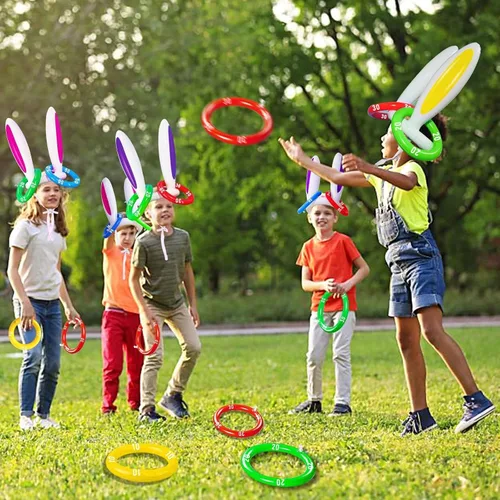 Miniatura 6 de [16 Anillos de Puntuación] Paquete de 4 Juego de Lanzamiento de Anillos de Orejas de Conejo Inflable de Pascua, Esencial para Canasta de Pascua