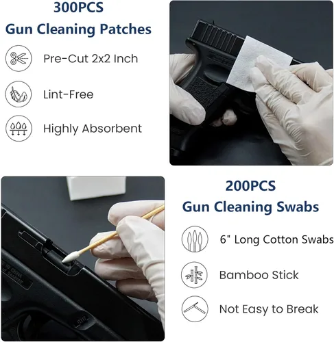 Miniatura 2 de PINGMIC Gun Cleaning Supplies in Box - Pistol Swabs & 9mm Cleaning Patches Combo Pack, Includes 6" Long Swabs and 2" Lint-Free Patches, Universal