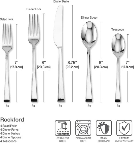 Miniatura 5 de Mikasa Rockford Juego de cubiertos de 20 piezas para 4, cubiertos de acero inoxidable 18/0, incluye tenedores, cuchillos, cucharas, juego