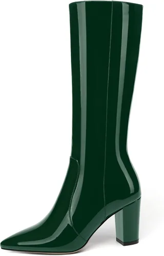 Miniatura 30 de AMBELIGHT Botas altas hasta la rodilla con cremallera y puntera puntiaguda para mujer, de patente sólida, tacón alto, 3.3 pulgadas